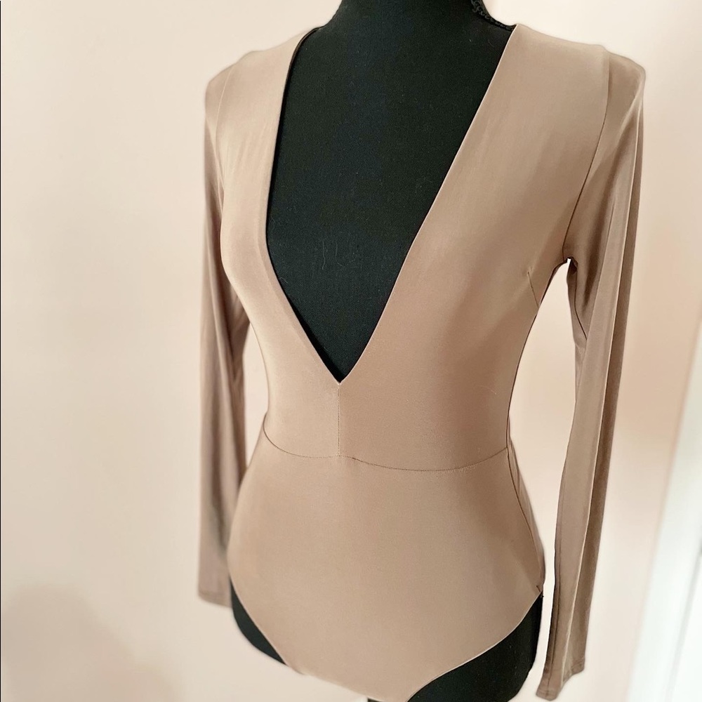 Tan deep V bodysuit